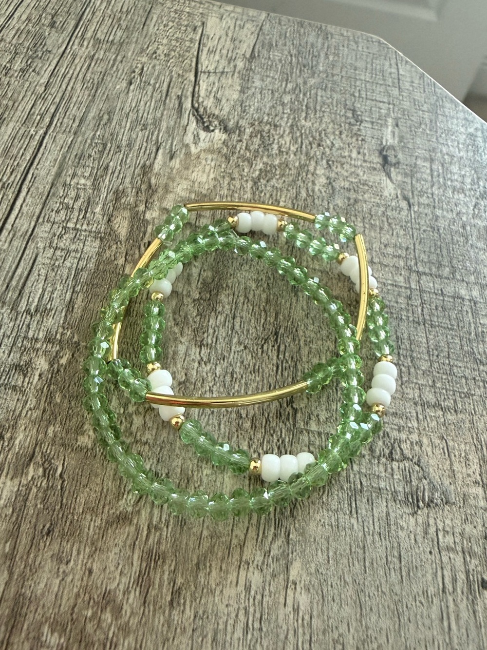 Green faceted bracelet stack